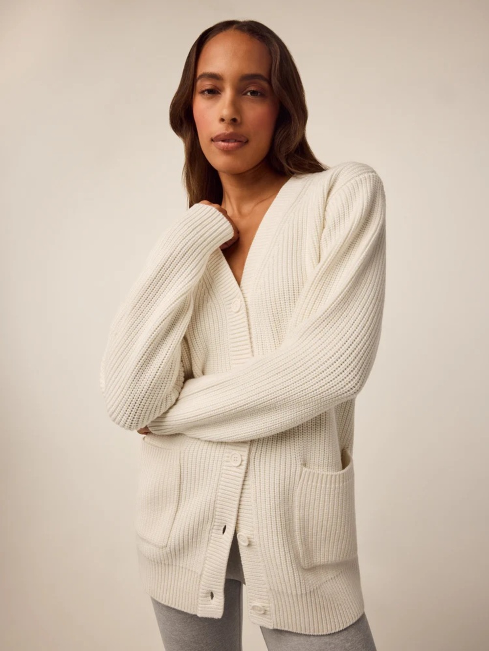 Greyson Cream Ribbed Button-Front Cardigan - Picture 1 of 3